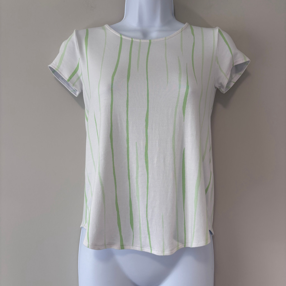 Alfani Women's PP Short Sleeve Top White Green Striped Stretch Casual Tee NWT